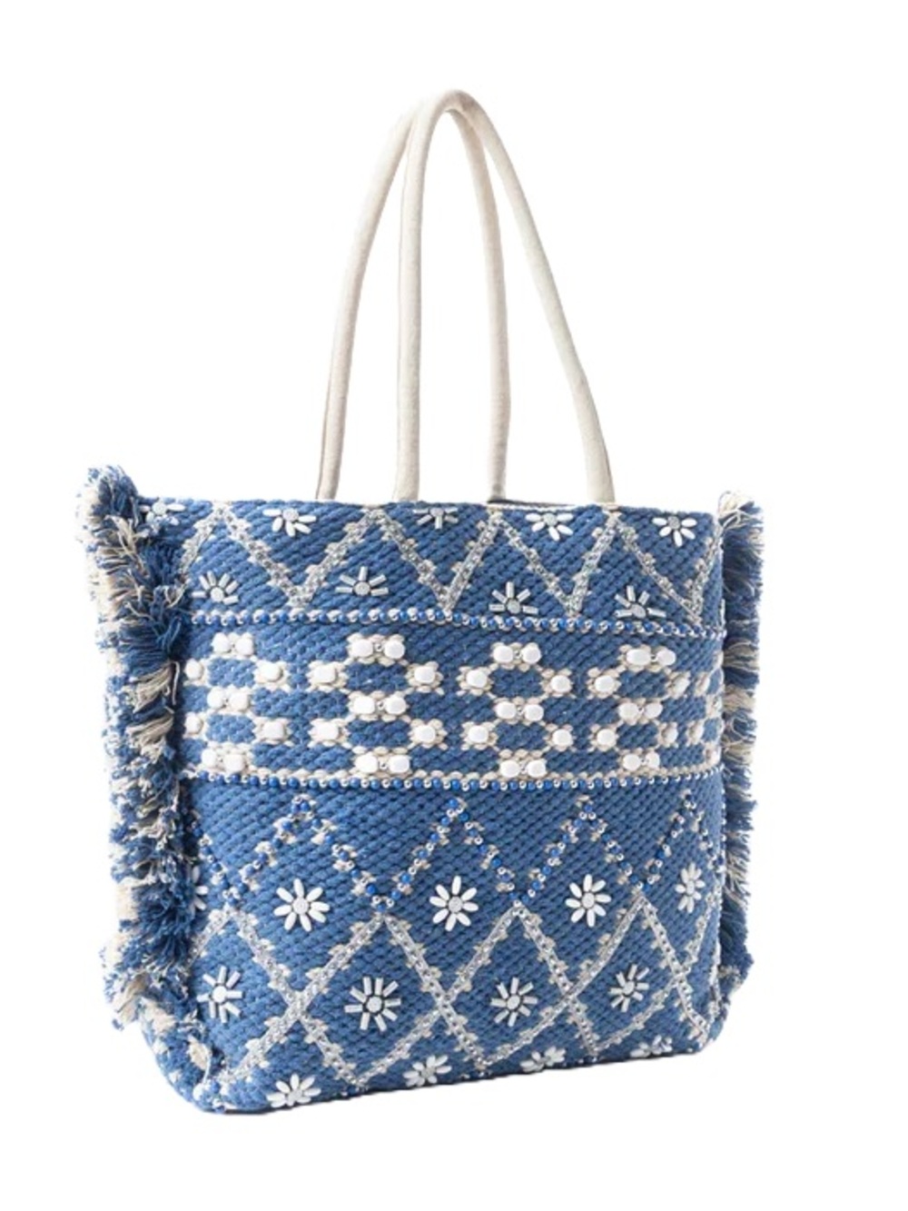 🏷️ New Myra Bags garden lattice blue white woven beaded tote bag